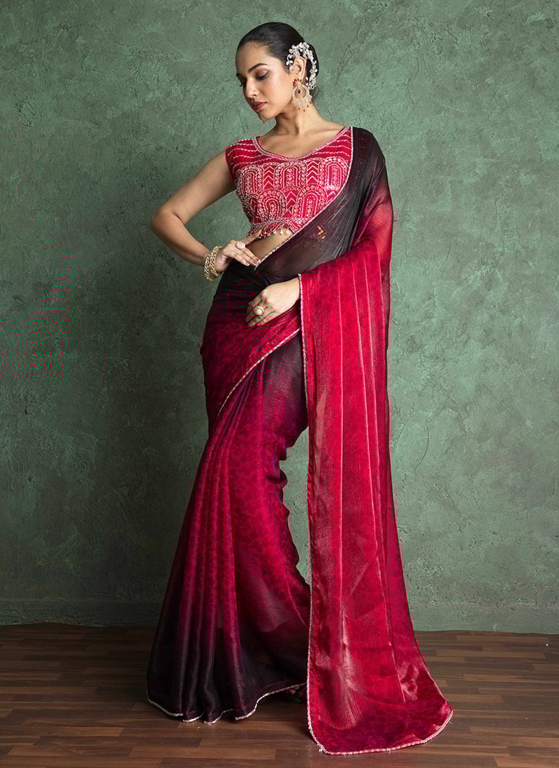 Red Fandy Chiffon Embroidered Cutdana Saree Border Festive Wear