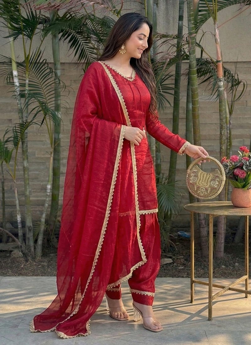 Red Fandy Satin Mirror And Moti Embellished Salwar Suit After Six Wear