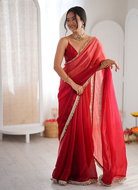 Red Fandy Satin Shaded Zari Lace Border Saree