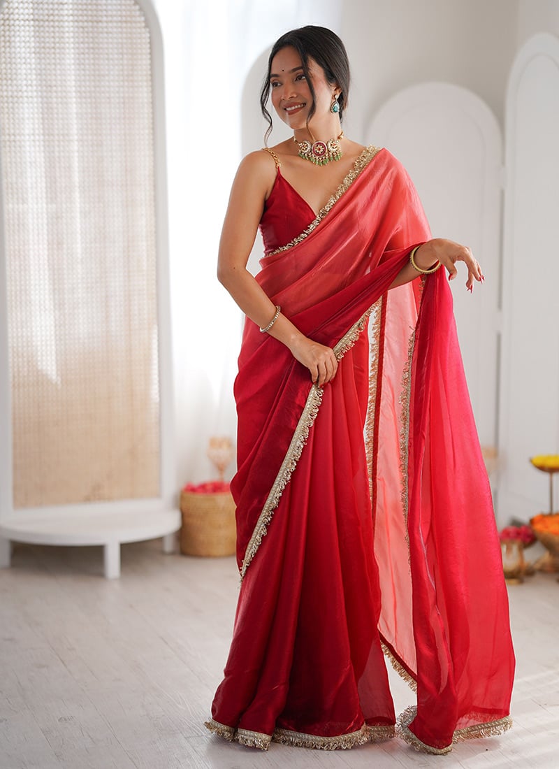 Red Fandy Satin Shaded Zari Lace Border Saree After Six Wear