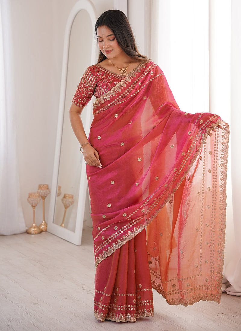 Red Fandy Silk Embroidered Sequins Saree Festive Wear