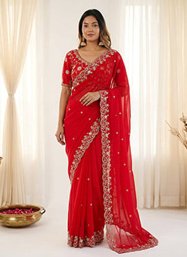 Red Fandy Silk Embroidered Sequins Saree