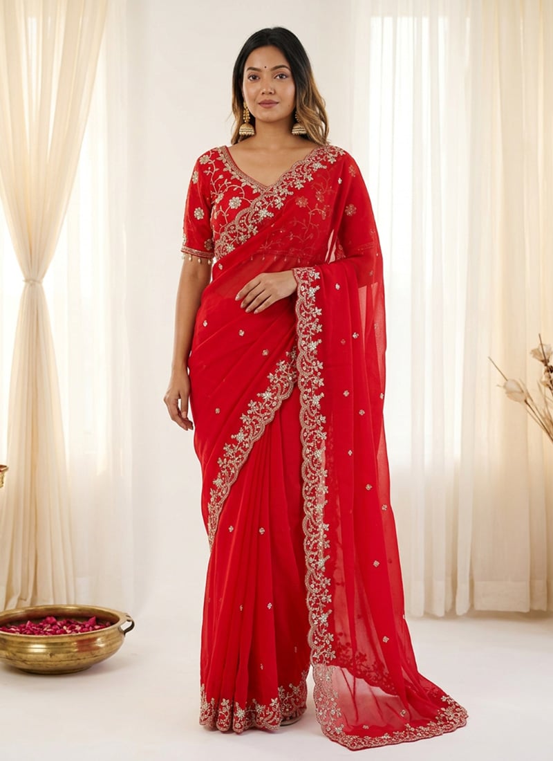 Red Fandy Silk Embroidered Sequins Saree Festive Wear