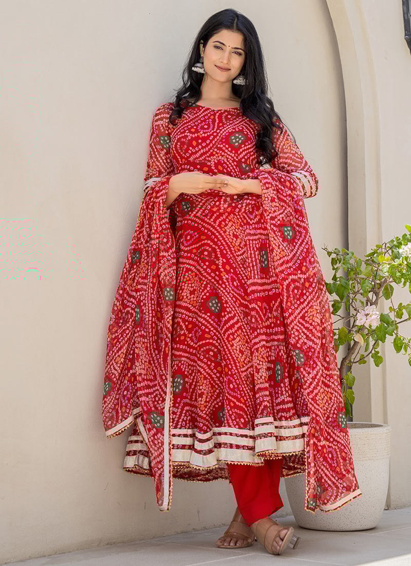 Red Faux Chiffon Bandhini And Gota Anarkali Suit After Six Wear