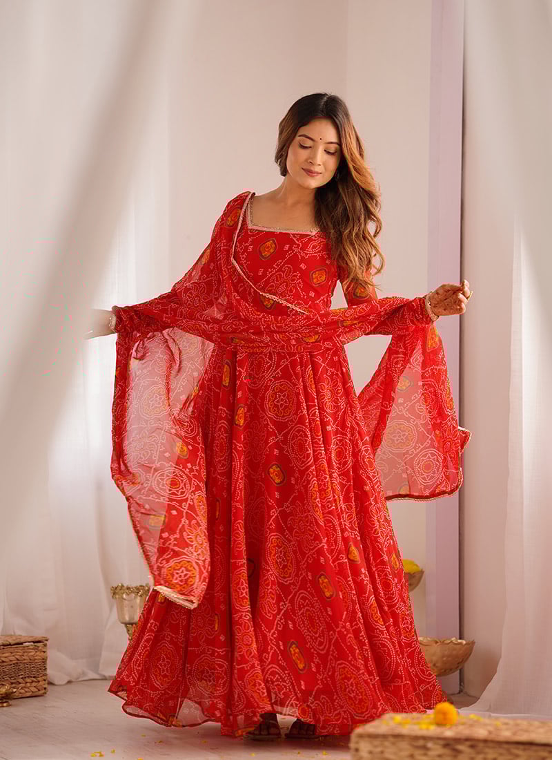 Red Faux Chiffon Bandhini Print Anarkali Suit After Six Wear