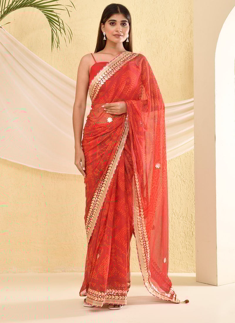 Red Faux Chiffon Bandhini Print Saree