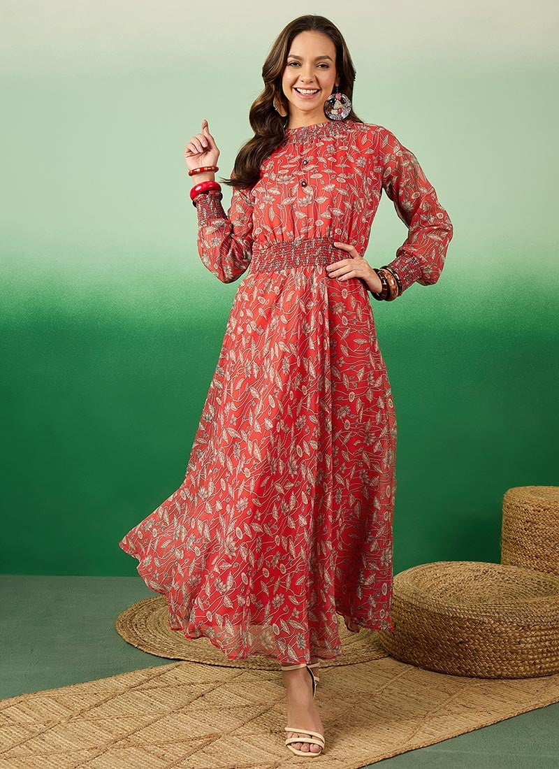 Red Faux Chiffon Floral Printed A line Dress After Six Wear