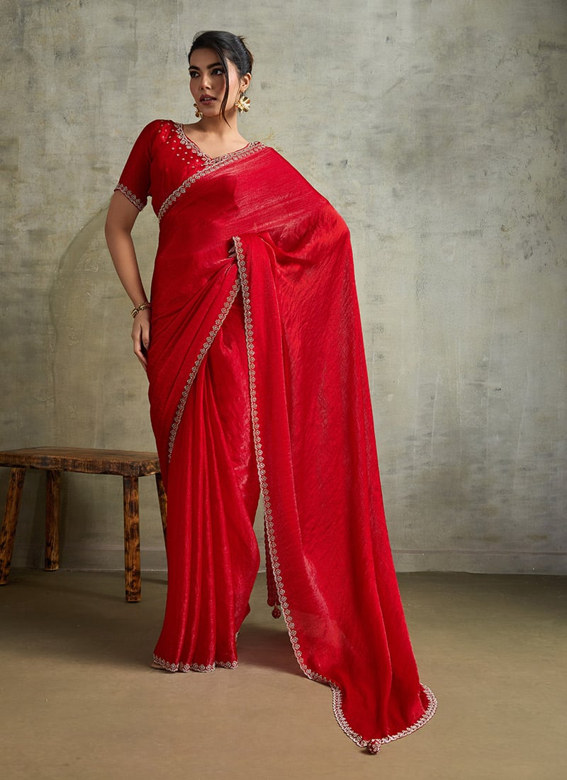 Red Faux Chiffon Stones Saree  Festive Wear
