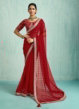 Red Faux Chiffon Zari Embroidered Sequins Saree