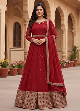 Red Faux Georgette  Embroidered Sequins Anarkali Suit