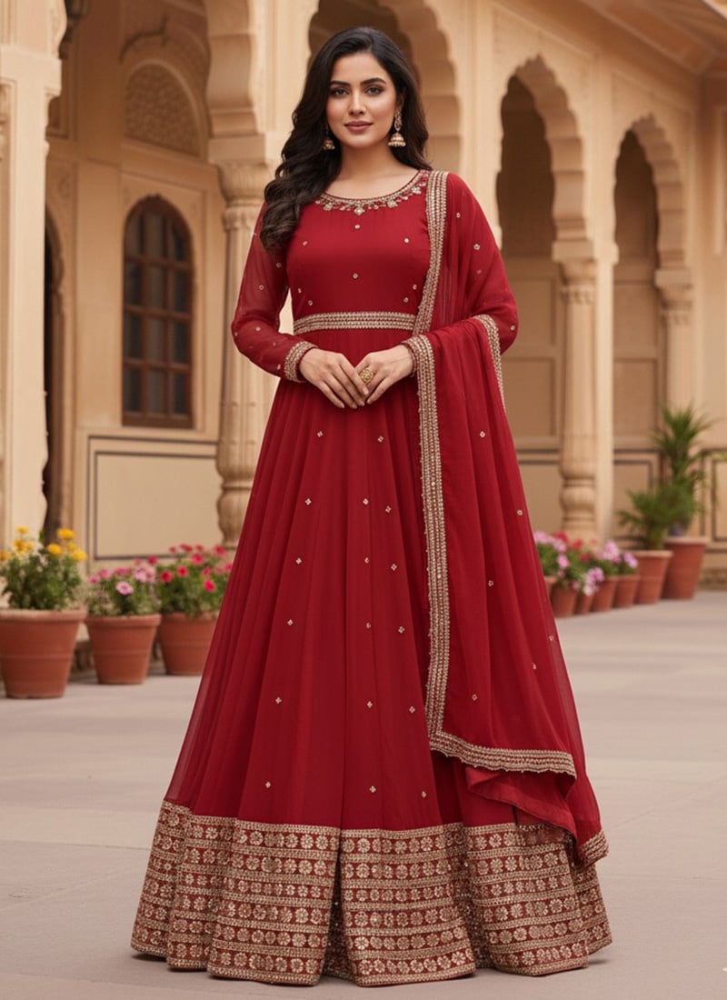 Red Faux Georgette  Embroidered Sequins Anarkali Suit Festive Wear