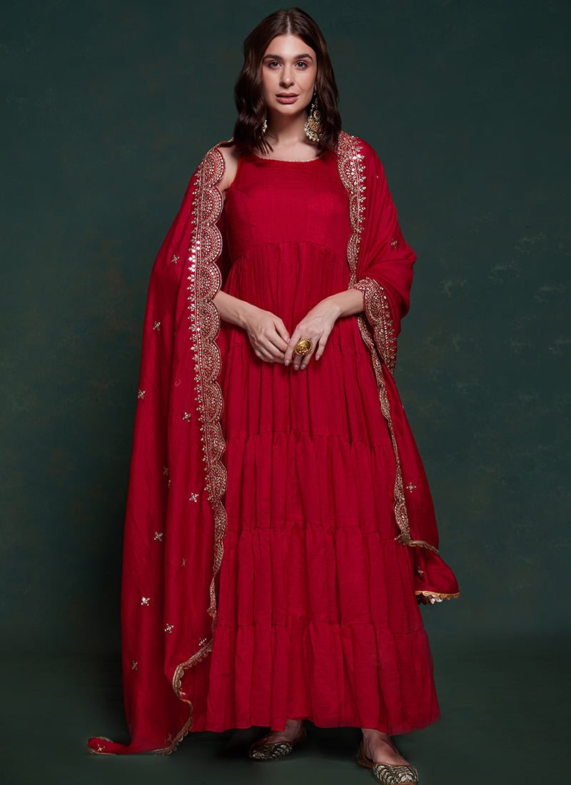 Red Faux Georgette Anarkali Gown With Zari Embroidered Dupatta Party Wear
