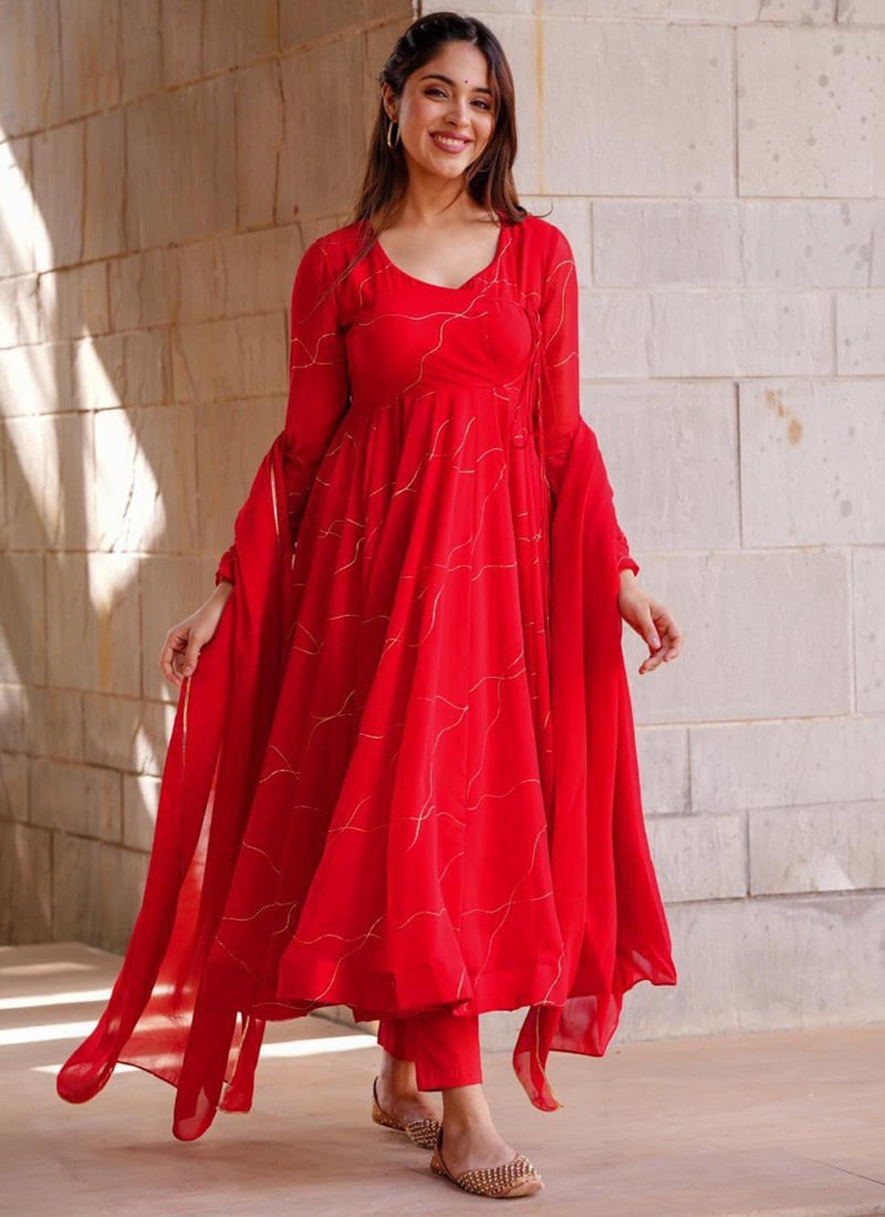 Red Faux Georgette Anarkali Suit After Six Wear