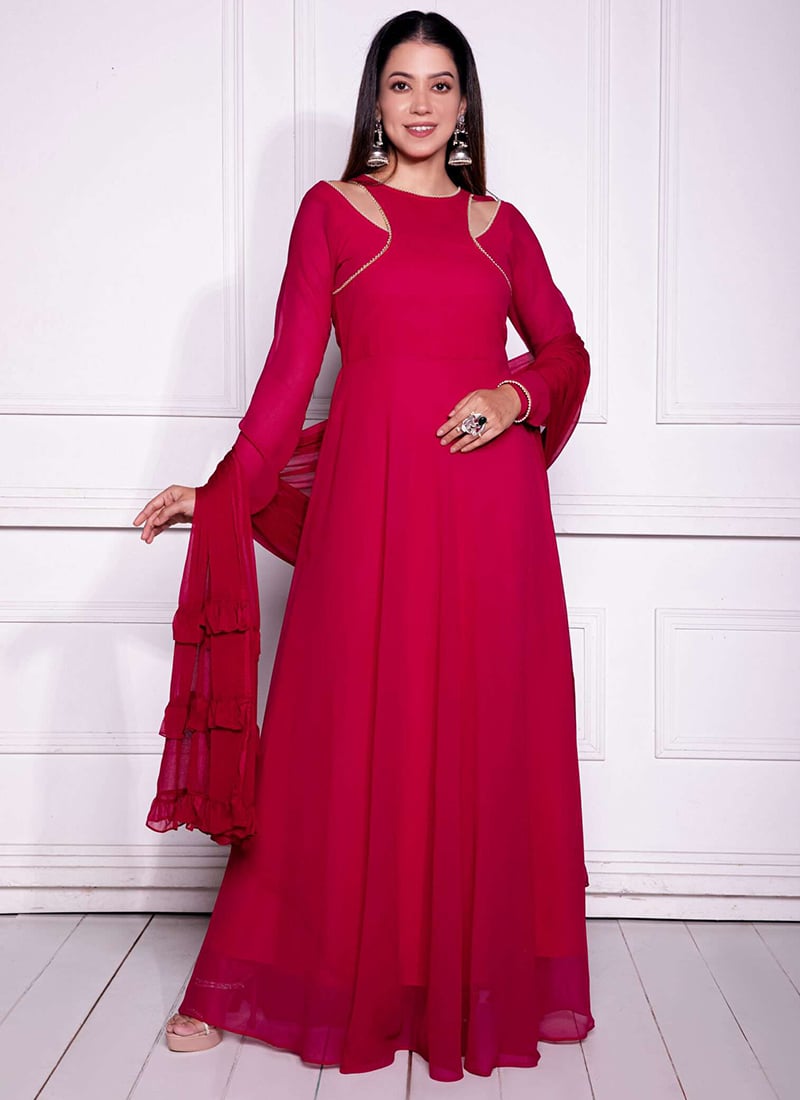 Red Faux georgette Anarkali Suit With Gorgeous Frill Dupatta After Six Wear