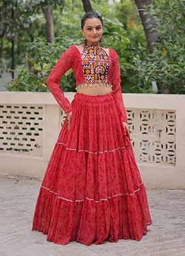 Red Faux Georgette Bandhini Print Kutch Work Indowestern Skirt Set Festive Wear
