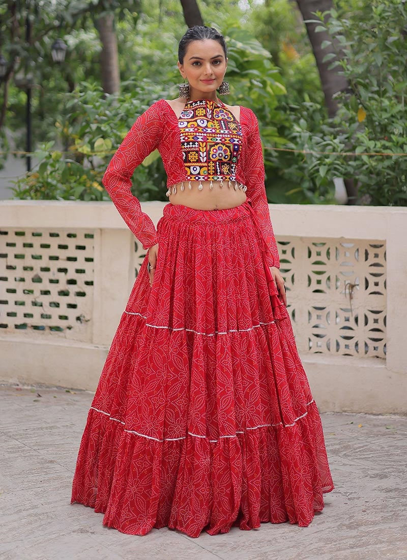 Red Faux Georgette Bandhini Print Kutch Work Indowestern Skirt Set