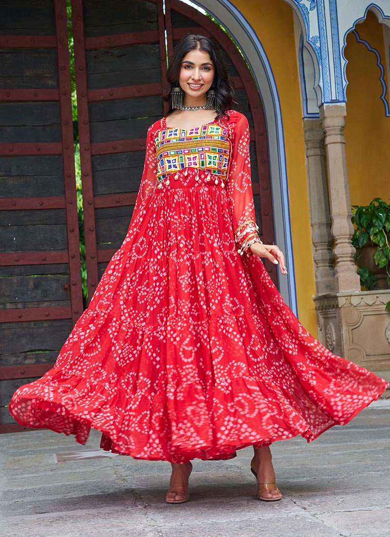 Red Faux Georgette Bandhini Print With Patch And Kutch Work Gown After Six Wear