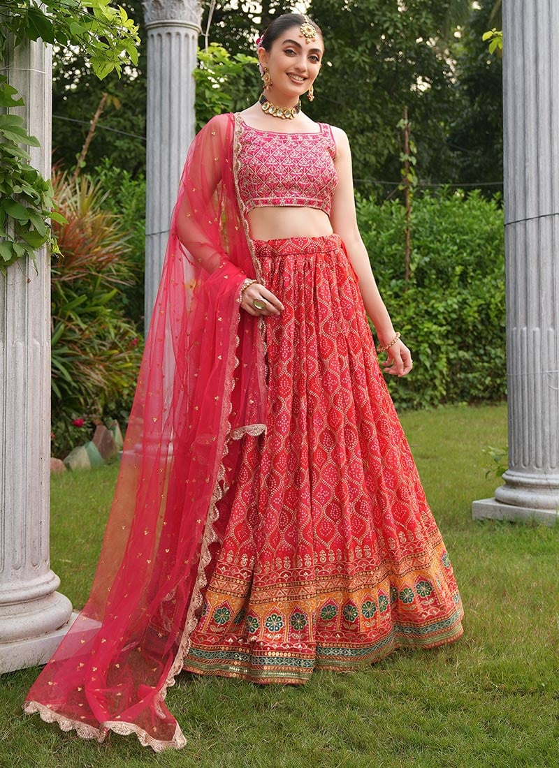 Red Faux Georgette Bandhini Sequins Lehenga A Touch Of Tradition Wedding Wear