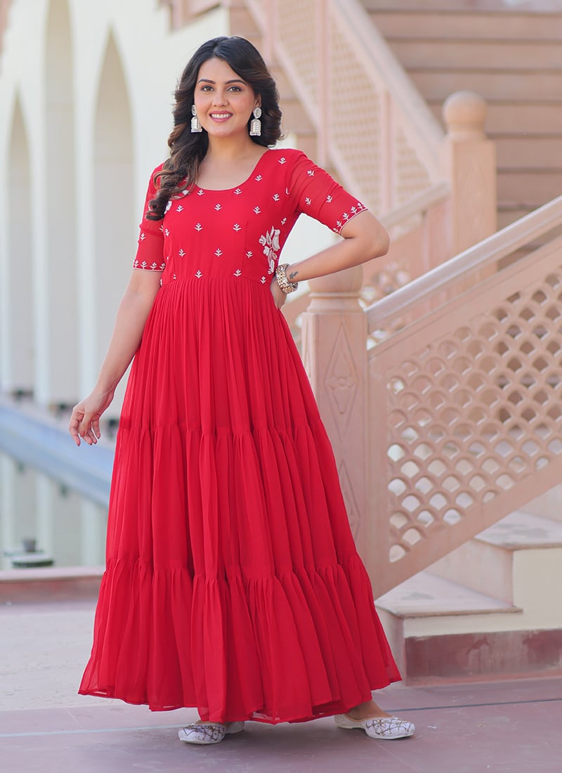 Red Faux Georgette Beads And Sequins Work Anarkali Gown