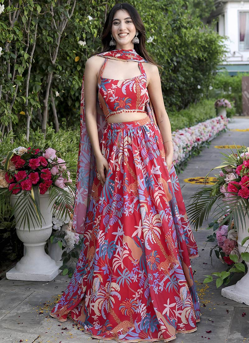 Red Faux Georgette Digital Print A Line Lehenga