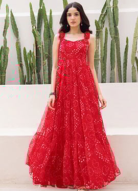 Red Faux Georgette Digital Print Maxi Dress