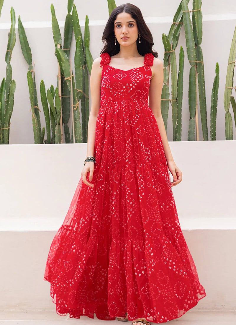 Red Faux Georgette Digital Print Maxi Dress After Six Wear