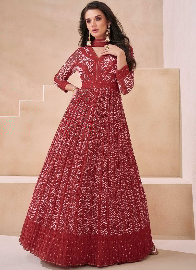 Red Faux Georgette Embroidered Anarkali Suit For Women Wedding Wear