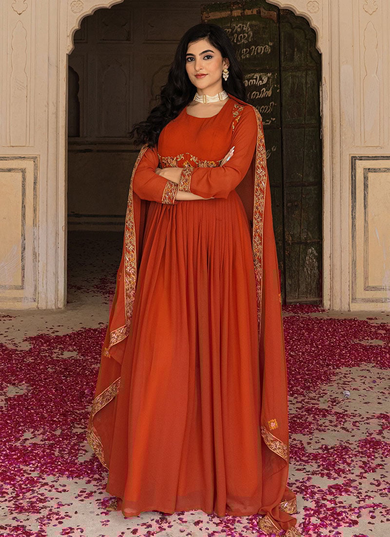 Red Faux Georgette Embroidered Anarkali Suit After Six Wear