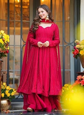 Red Faux Georgette Embroidered Anarkali Suit