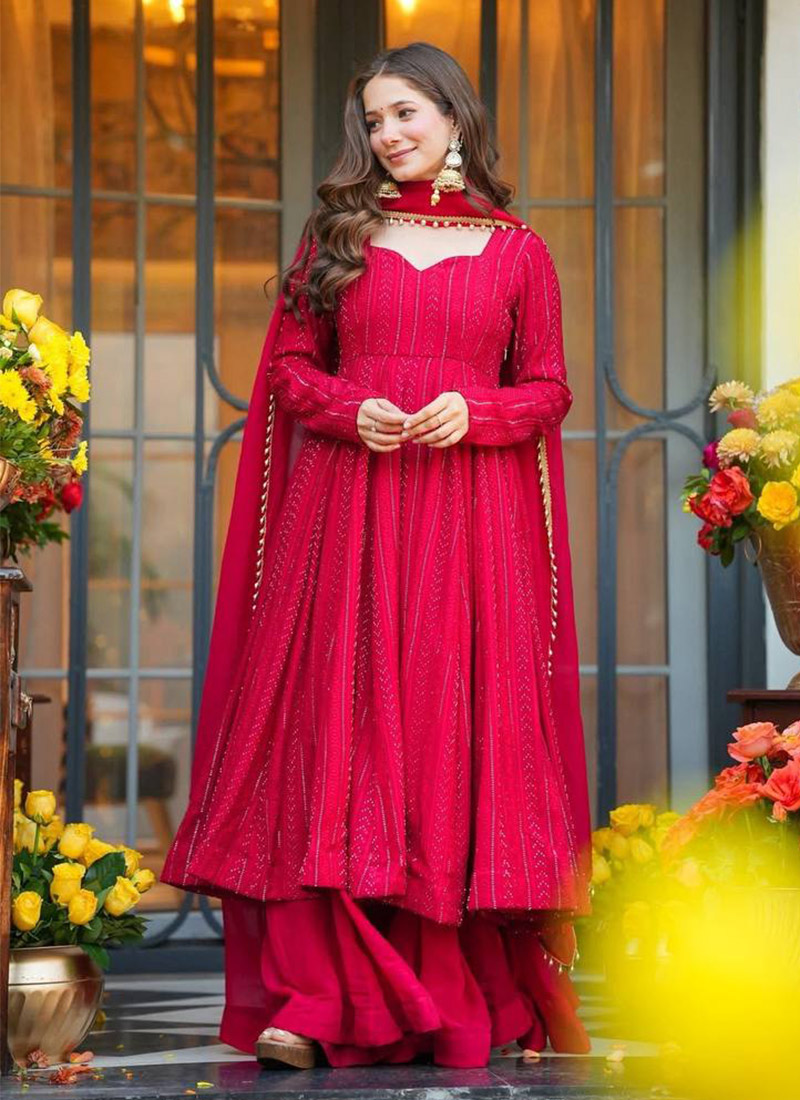 Red Faux Georgette Embroidered Anarkali Suit Festive Wear