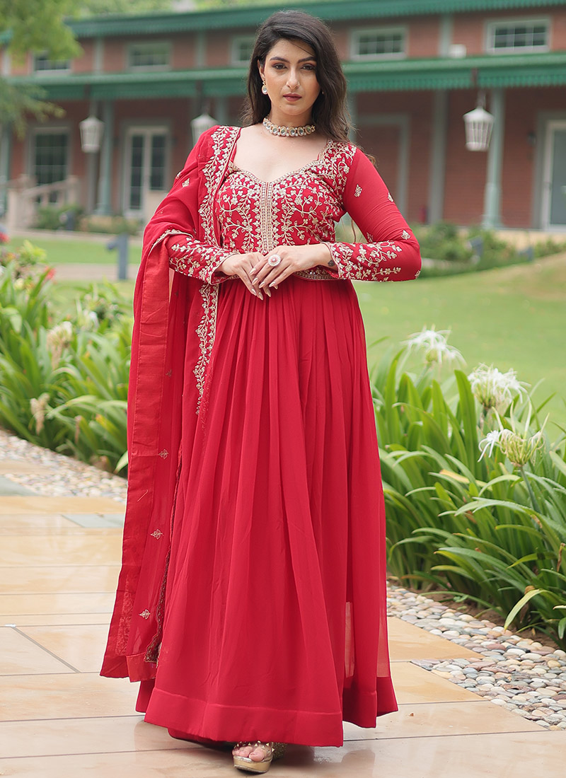Red Faux Georgette Embroidered And Zari Anarkali Suit Festive Wear