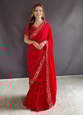 Red Faux Georgette Embroidered Lehenga Saree