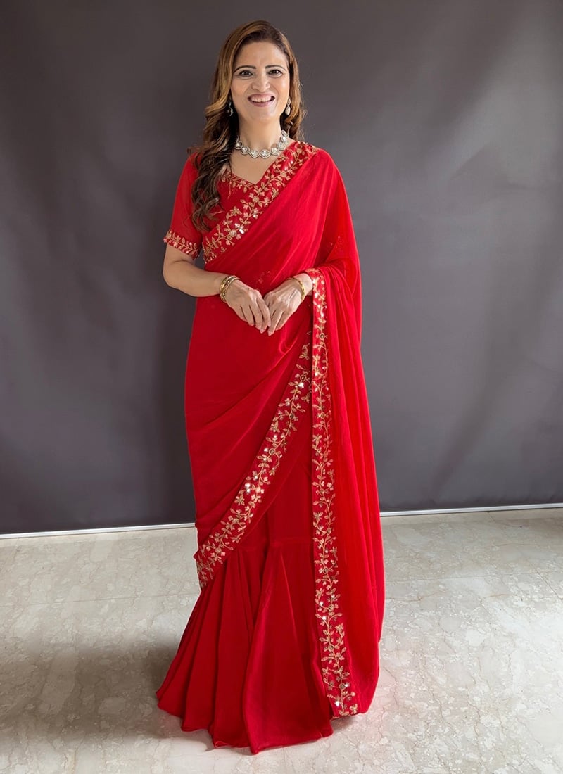 Red Faux Georgette Embroidered Lehenga Saree Festive Wear