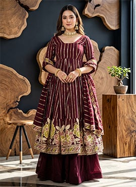 Red Faux Georgette Embroidered Palazzo Suit