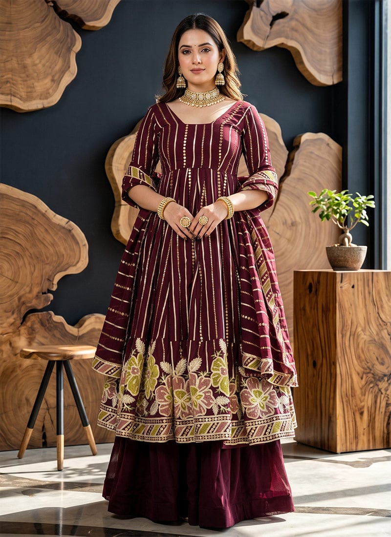 Red Faux Georgette Embroidered Palazzo Suit Festive Wear