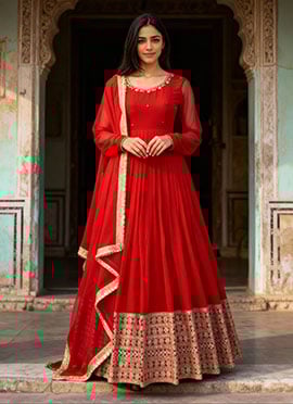 Red Faux Georgette Embroidered Sequins Anarkali Suit