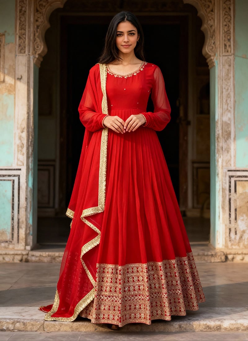 Red Faux Georgette Embroidered Sequins Anarkali Suit Festive Wear