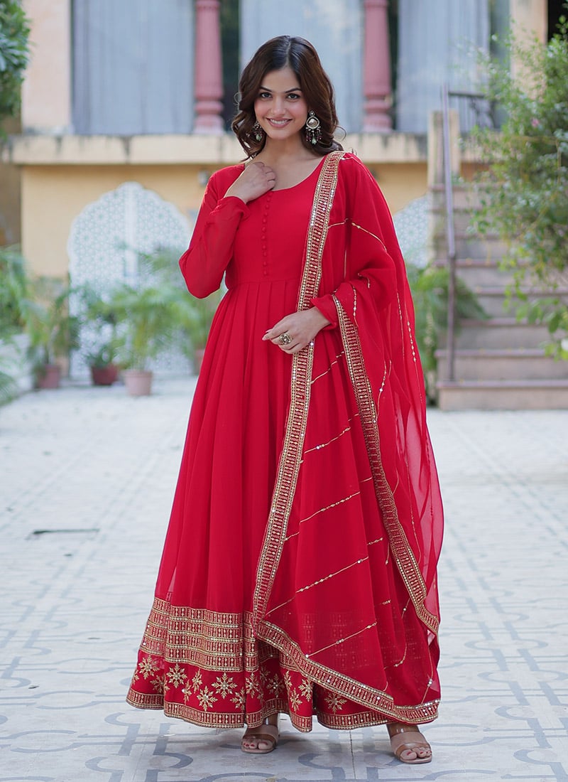 Red Faux Georgette Embroidered Sequins Anarkali Suit Festive Wear