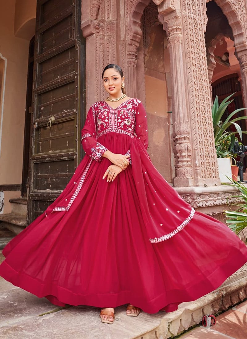 Red Faux Georgette Embroidered Sequins Anarkali Suit Festive Wear