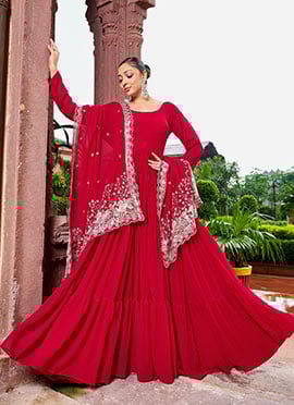 Red Faux Georgette Embroidered Sequins Anarkali Suit