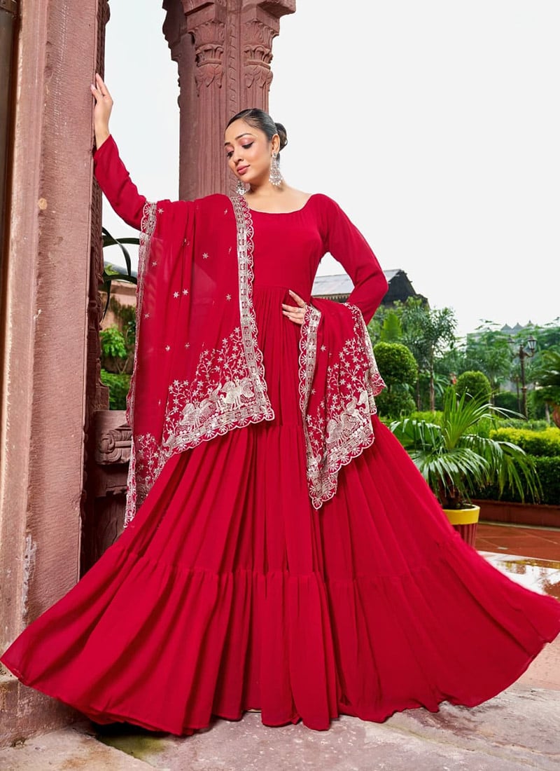 Red Faux Georgette Embroidered Sequins Anarkali Suit Festive Wear