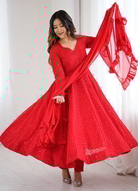 Red Faux Georgette Embroidered Sequins Anarkali Suit