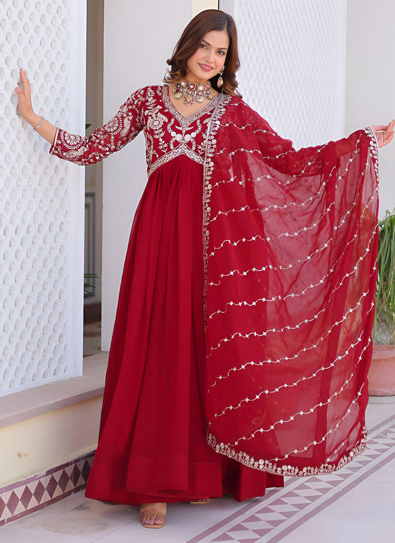 Red Faux Georgette Embroidered Sequins Anarkali Suit Festive Wear