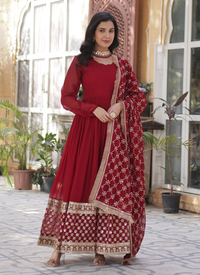 Red Faux Georgette Embroidered Sequins Anarkali Suit Festive Wear
