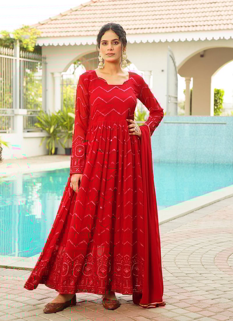 Red Faux Georgette Embroidered Sequins Anarkali Suit Festive Wear