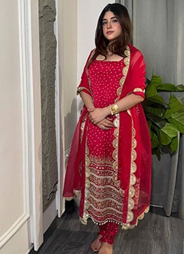 Red Faux Georgette Embroidered Sequins Bandhini Churidar Suit