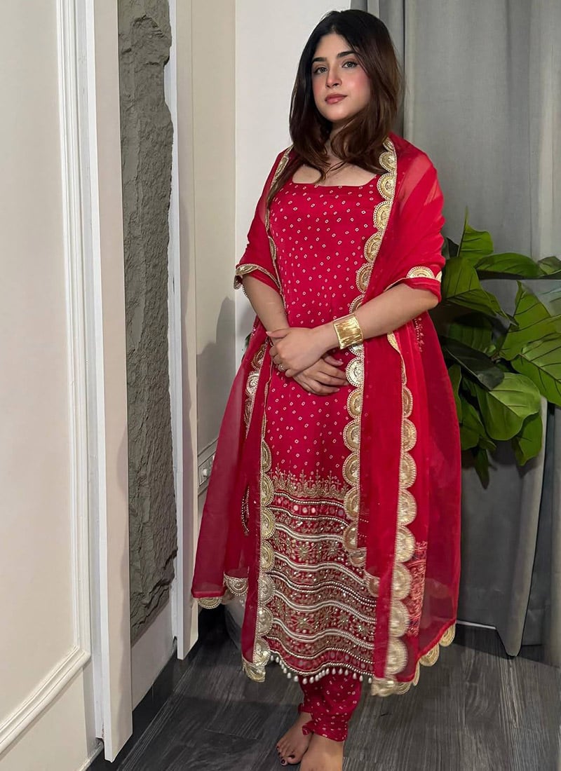 Red Faux Georgette Embroidered Sequins Bandhini Churidar Suit Festive Wear