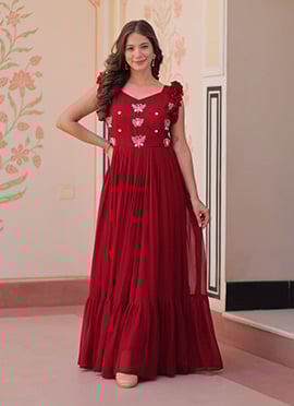 Red Faux Georgette Embroidered Sequins Beads Work Anarkali Gown