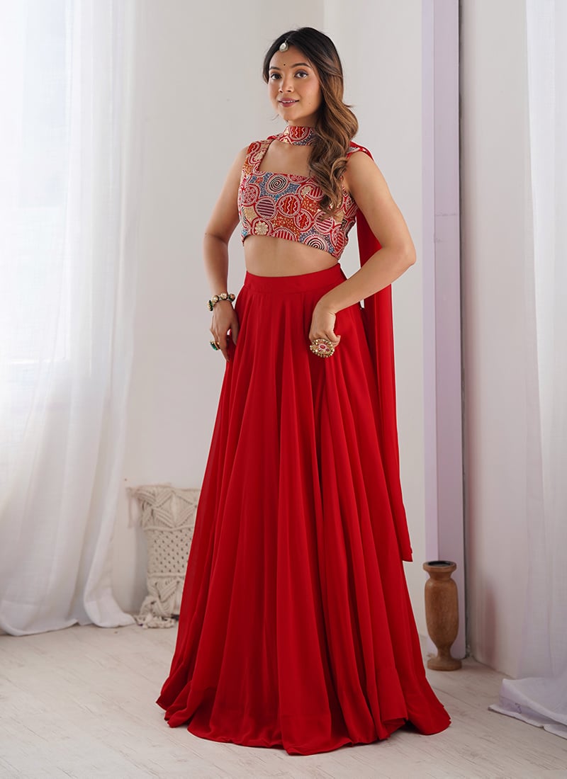 Red Faux Georgette Embroidered Sequins Chic Lehenga Festive Wear