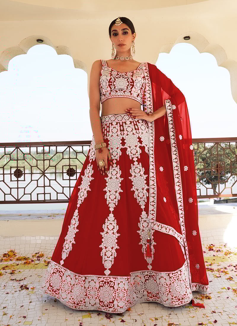 Red Faux Georgette Embroidered Sequins Lehenga Wedding Wear